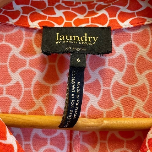 Laundry Orange Geometric Collared, V-Neck Button Down Dress, Tie & 3/4 Sleeves - Picture 3 of 8